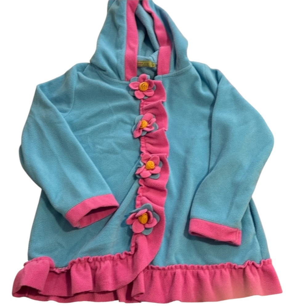 Millie Loves Lily Blue & Pink Floral Fleece Hooded jacket Size 8 ruffles